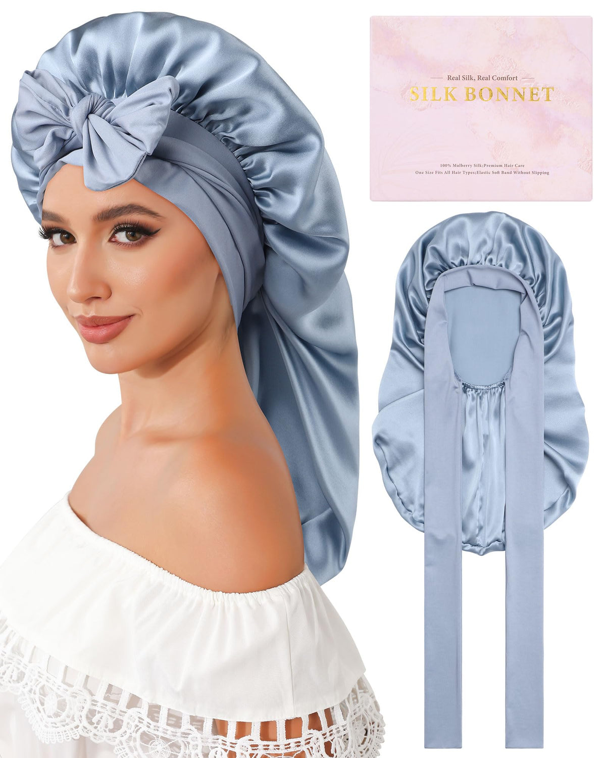 AWAYTR 100% Mulberry Silk Bonnet for Long Hair Sleeping Women Kids