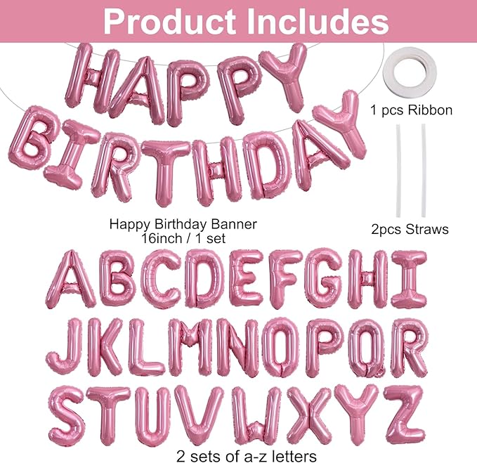 TONIFUL 65 Pcs 16 Inch Pink Happy Birthday Balloons and 2 Sets A-Z Foil Letters Balloons DIY Personalized Phrase Banner for Birthday Celebration Halloween Thanksgiving Christmas Party Decorations