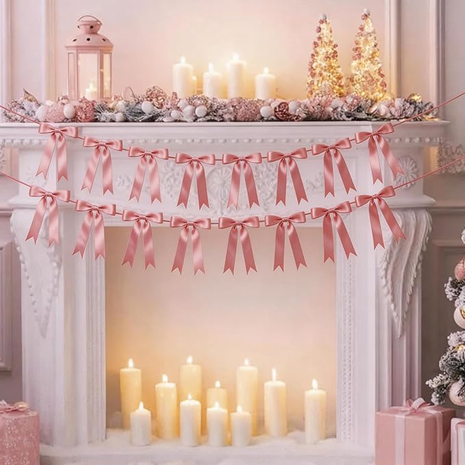 2 Strings Dusty Pink Bow Garland Banner Decorations, 16Pcs Pre-Strung Satin Ribbon with 6.7ft Chain for Girls Ribbon Bow Banner Coquette Room Birthday Baby Shower Bachelorette Wedding Party Decor