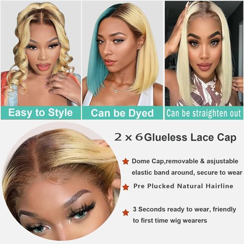 Selina Hair 2x6 HD Bob Lace Front Wigs Human Hair Ombre Blonde Bob Wig Human Hair P4/613 Color Straight Pre Plucked with Baby Hair Unprocessed Virgin Hair for Women 10 Inch