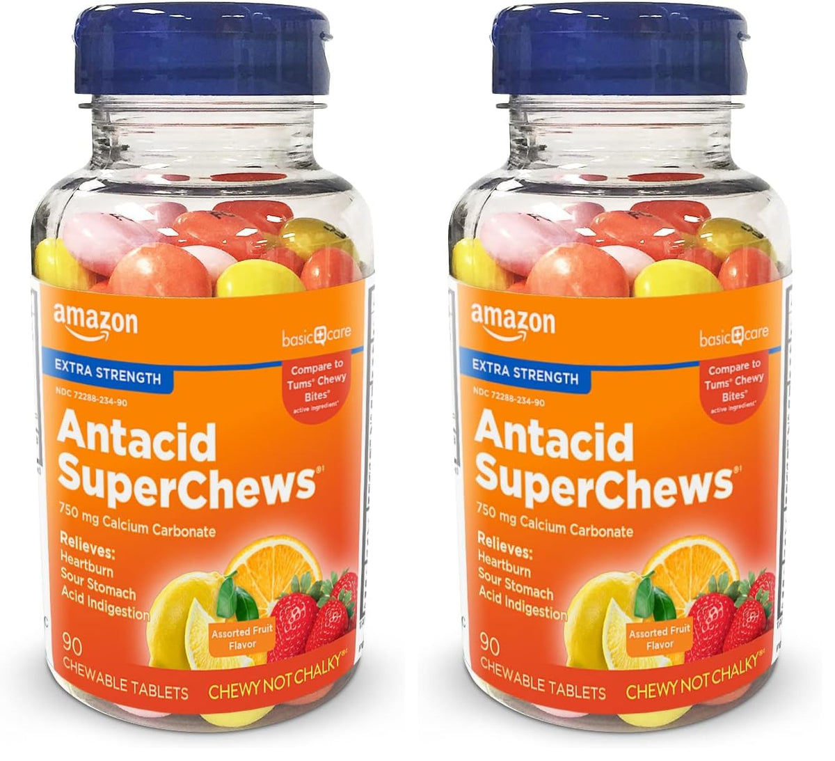 Amazon Basic Care Chewy Bites Chewable Antacid Tablets for Ultra Strength Heartburn Relief, Assorted Fruit, 90 Count (Pack of 2)