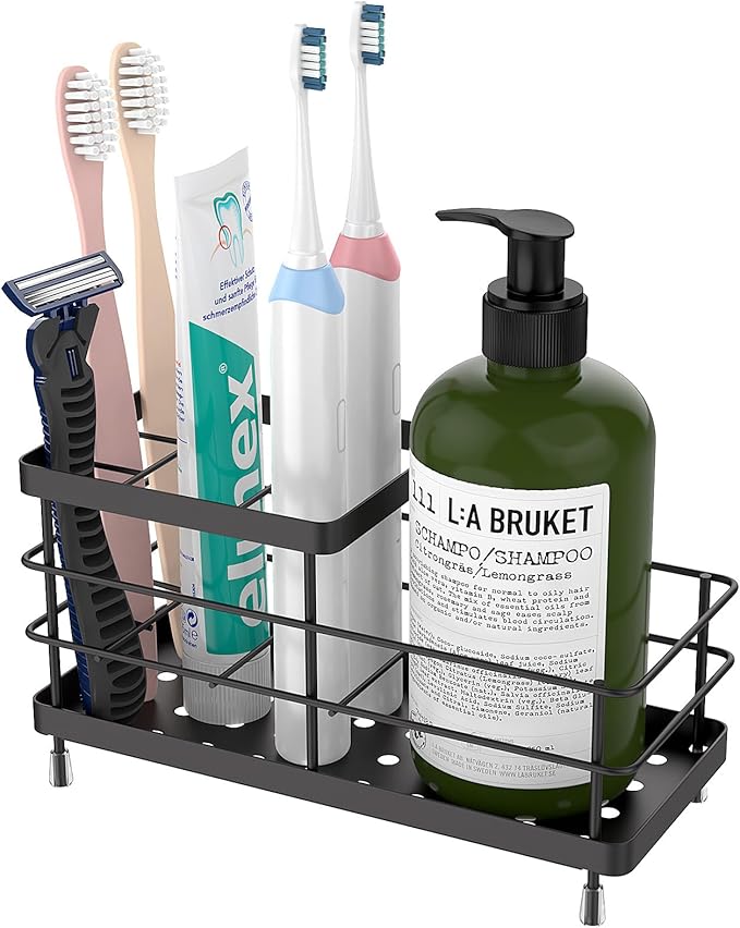 Luxspire Toothbrush Holders, 6 Slots Stainless Steel Tooth Brush Holder with Drainage, Toothbrush Holder for Bathroom Countertop & Kitchen Sink, Bathroom Accessories, Black