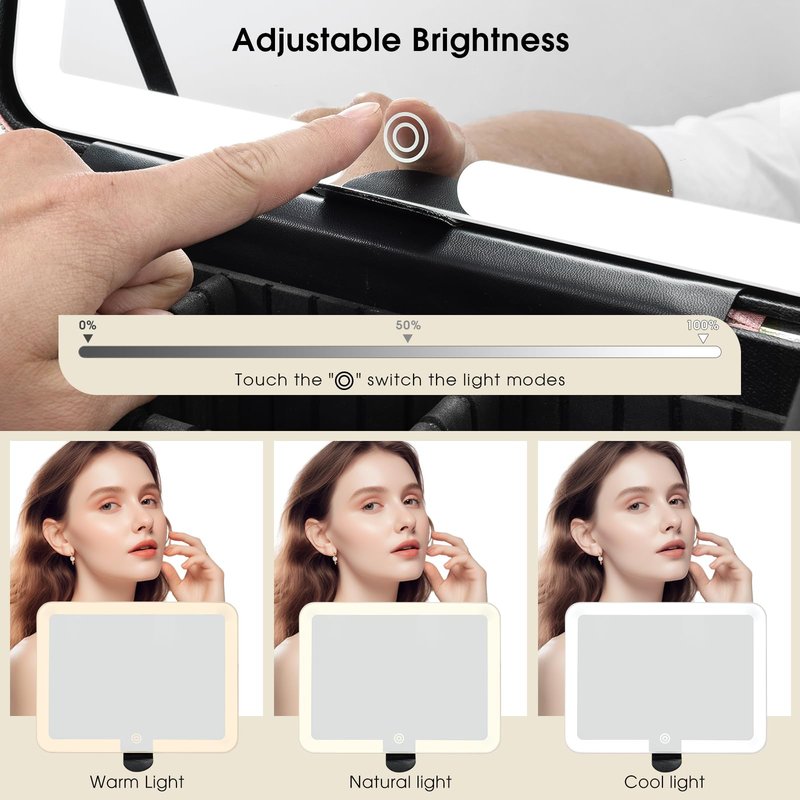 Faquenc 11.4 Inch Extra Large Makeup Bag with LED Lighted Mirror Leather Cosmetic Train Case Light up Mirror Portable Makeup Artist Storage Bag with Dividers Makeup Brush Holder Vanity Black