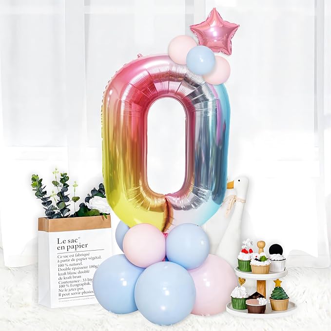 Rainbow Number Balloons Birthday Balloons - Giant Number 0 Balloon 40 inch, Numbers Balloon Birthday Decorations, Rainbow Party Supplies for Baby Shower
