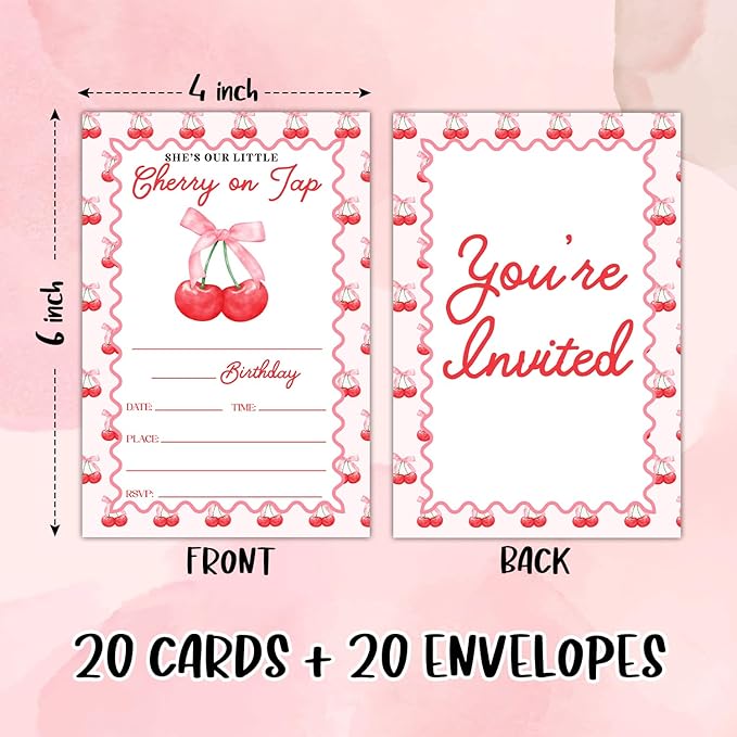 Cherry Birthday Party Invitation Cards for Women Girls Kids, Pink Bow Birthday Celebration Party Invite Cards Supplies, 20 Double-Sided Fill In Invites With Envelopes -08