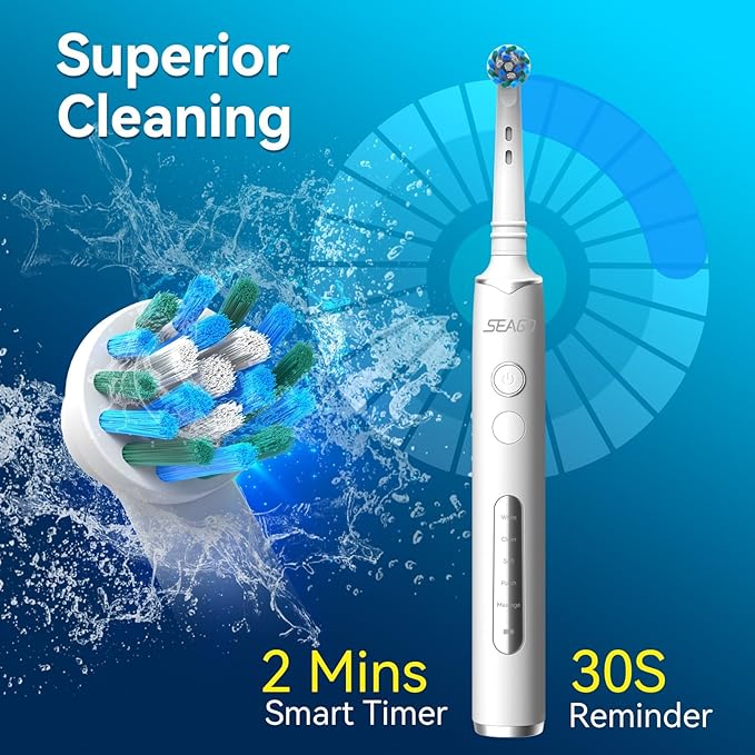 SEAGO Rotating Electric Toothbrush with 8 Round Brush Heads, with 5 Cleaning Modes, Sonic Technology Whitening Teeth in 14 Days, for Adult and Kids, SG-2603 (White)