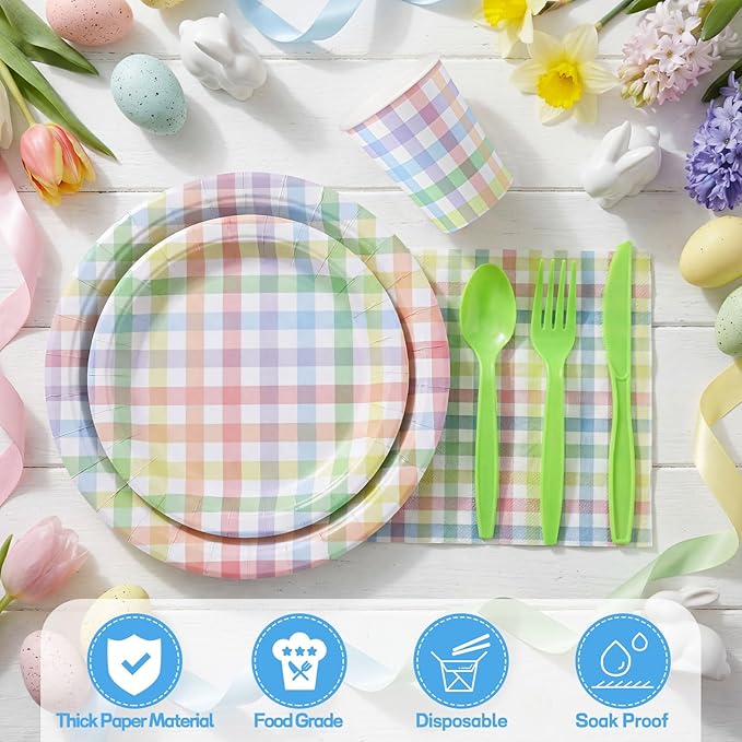 175 Pcs Easter Plates and Napkins, Easter Plaid Party Supplies Include Spring Pastel Gingham Plates Napkins Cups Plastic Cutlery Pastel Party Decorations for Baby Shower, Picnic, Birthday