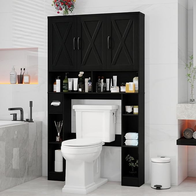 Over The Toilet Storage Cabinet, Farmhouse Toilet Cabinet Rack with 3 Barn Doors, Space Saving Bathroom Organizer with Shelves, Toilet Paper Holder and Towel Rack for Bathroom,Restroom,Pure Black