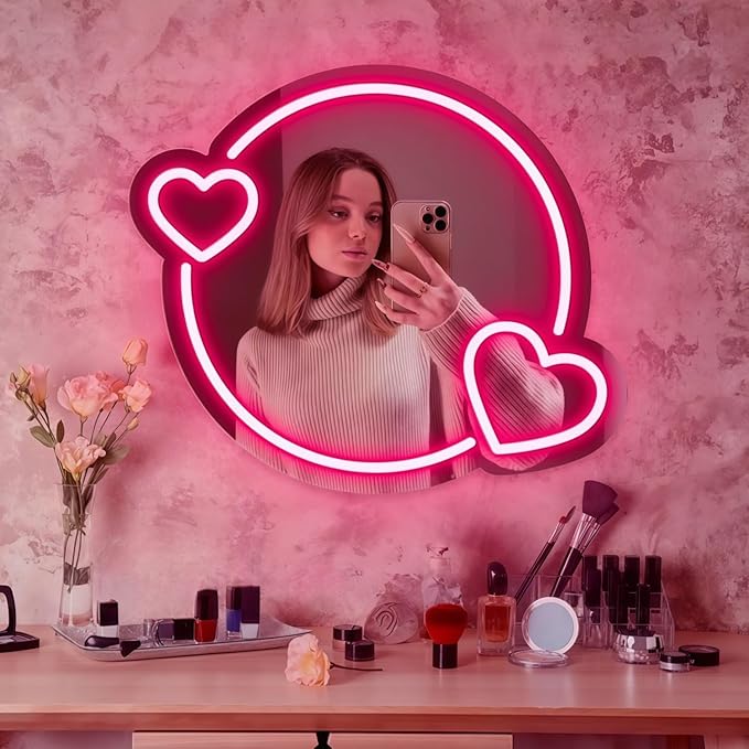 LED Mirror Neon Lights Light Up Dressing Mirror Cat/Shine Heart/Bat/Butterfly Shape Neon Mirror Sign for Modern Home Girl Room Bathroom Salon Wall Art Decor Gift For Girlfriend USB Powered