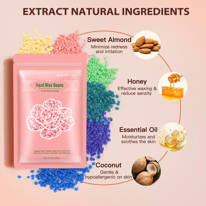 Bouvetan Wax Beads for Hair Removal, 2.2lb/1000g Hard Waxing Beans for Full Body, Brazilian, Bikini, Face, Eyebrows, Home Wax Refill for Women & Men, Pack of 10 with Pre & Post Oil