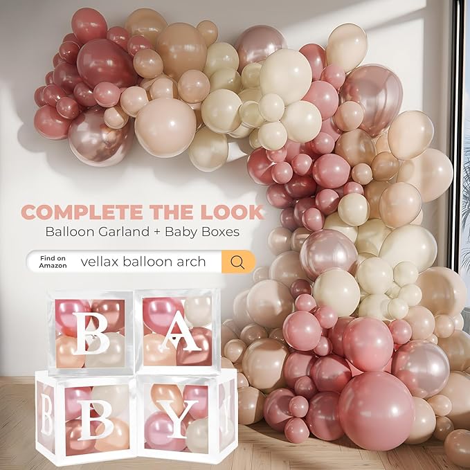 Baby Shower Boxes with Letters – White Boxes with Rose Gold, Dusty Pink, Sand & White Balloons – 44-Piece Gender Reveal & Party Decoration Set by Vellax