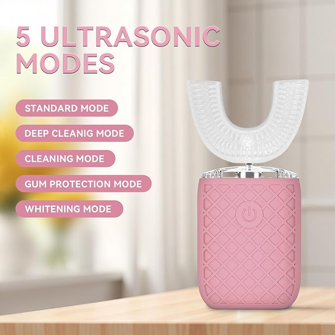 Adult Sonic Automatic Electric Toothbrush, 360° Oral Cleaning Stain Whitening, IPX7 Waterproof Rechargeable, u-Shape Brush Head*3+Straight Handle Brush Head*2 (Pink-Cup)