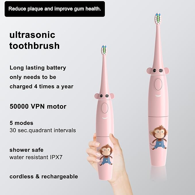 2-1 Kids Oral Clean Kit- Water Dental flosser & Electric Toothbrush Combo for Kids-Brushing & Flossing-Safe & Effective -Cute Giraffe and Monkey Theme