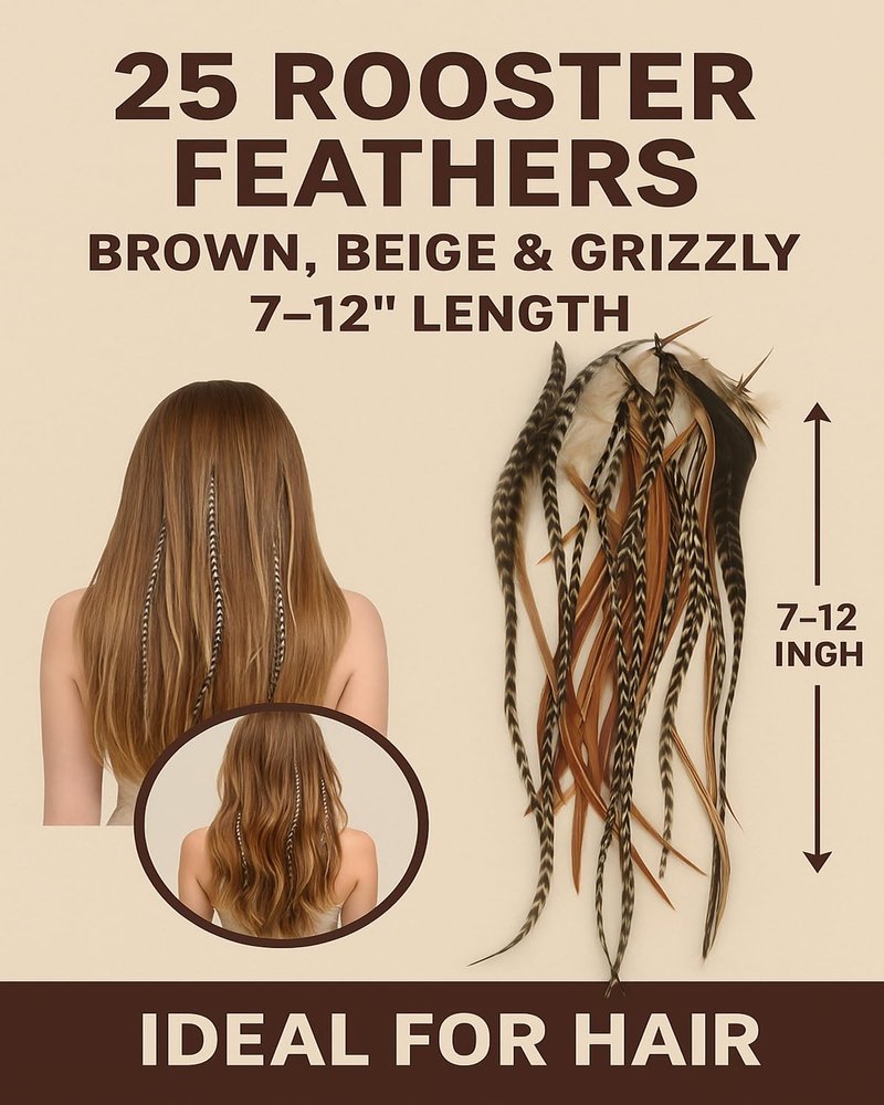 Sexy Sparkles Feather Hair Extension – 25 Loose Long Natural Rooster Feathers in Brown, Beige, and Grizzly, All Individual Feathers, Ranging From 6 to 11 Inches in Length