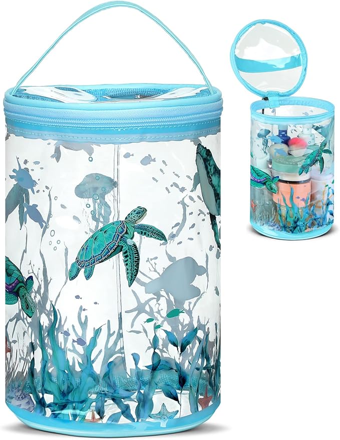 Sanwuta Beach Gifts Heavy Duty Clear Lotion Toiletry Bags for Travel Sunscreen Makeup Cosmetic Pouch Cylinder Bag Waterproof Portable Trip Bag with Handle Zipper(Turtle)