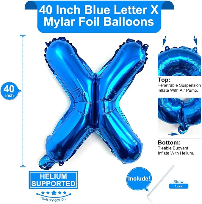 Lovoir 40 Inch Large Blue Letter X Balloons Big Size Jumbo Mylar Foil Helium Balloon for Birthday Party Celebration Decorations Alphabet Blue X