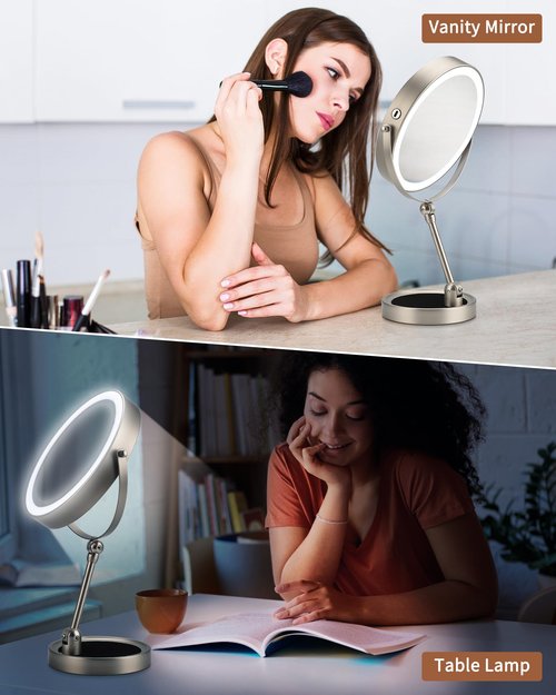 9" Lighted Makeup Mirror,1X/10X Magnifying Vanity Mirror with Height & Brightness Adjustable,Rechargable Makeup Mirror,360°Rotation Double Sided Standing Desk Mirror (Satin Nickel)