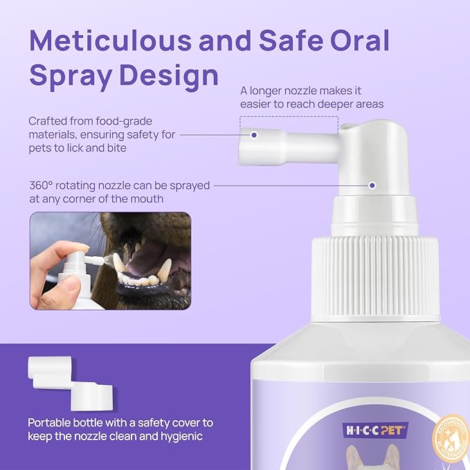 HICC PET Dog Dental Care Spray, Breath Freshener & Teeth Cleaning Spray, Dog Gingivitis Treatment, Prevent Bad Breath & Infections, Relieve Gum Redness, Reduce Plaque & Tartar, No Brushing, 5.1 Fl Oz