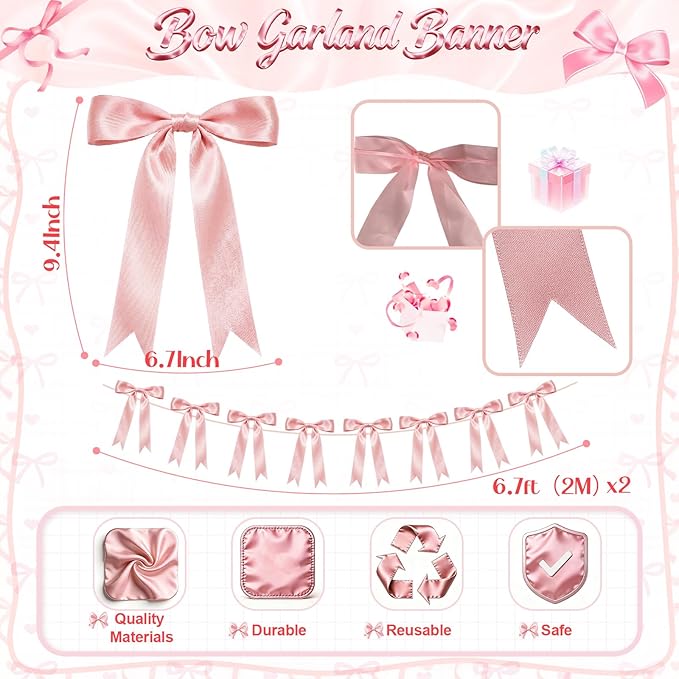 2 Strings Dusty Pink Bow Garland Banner Decorations, 16Pcs Pre-Strung Satin Ribbon with 6.7ft Chain for Girls Ribbon Bow Banner Coquette Room Birthday Baby Shower Bachelorette Wedding Party Decor