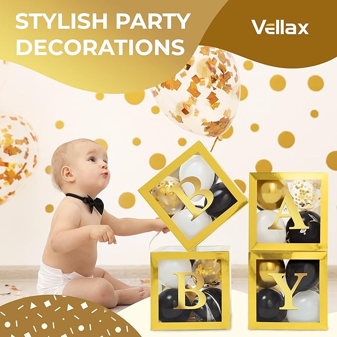 Baby Shower Boxes with Letters – Gold Boxes with Gold & Black Balloons – 44-Piece Gender Reveal & Party Decoration Set by Vellax