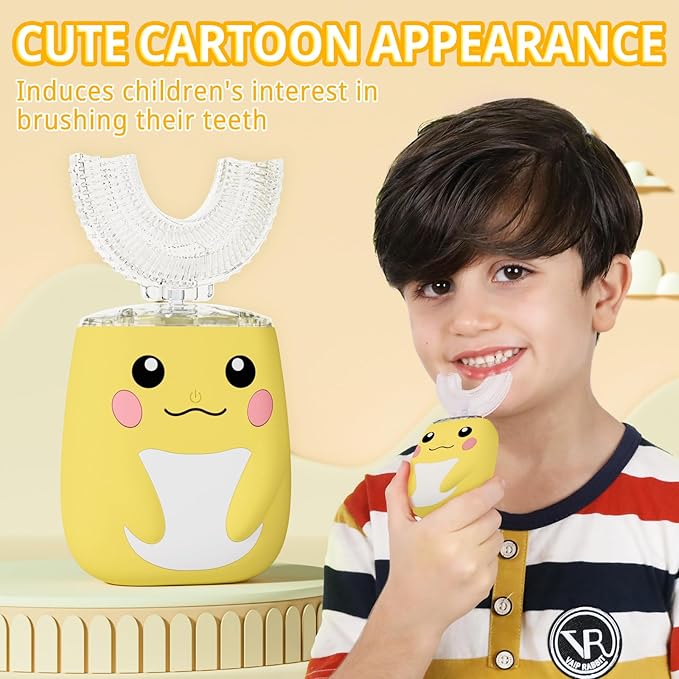 Kids Electric U Shaped Toothbrush Children Rechargeable Sonic Toothbrush with 6 Soft Brush Head Automatic Full Mouth 6 Cleaning Modes -Age2-7 Yellow