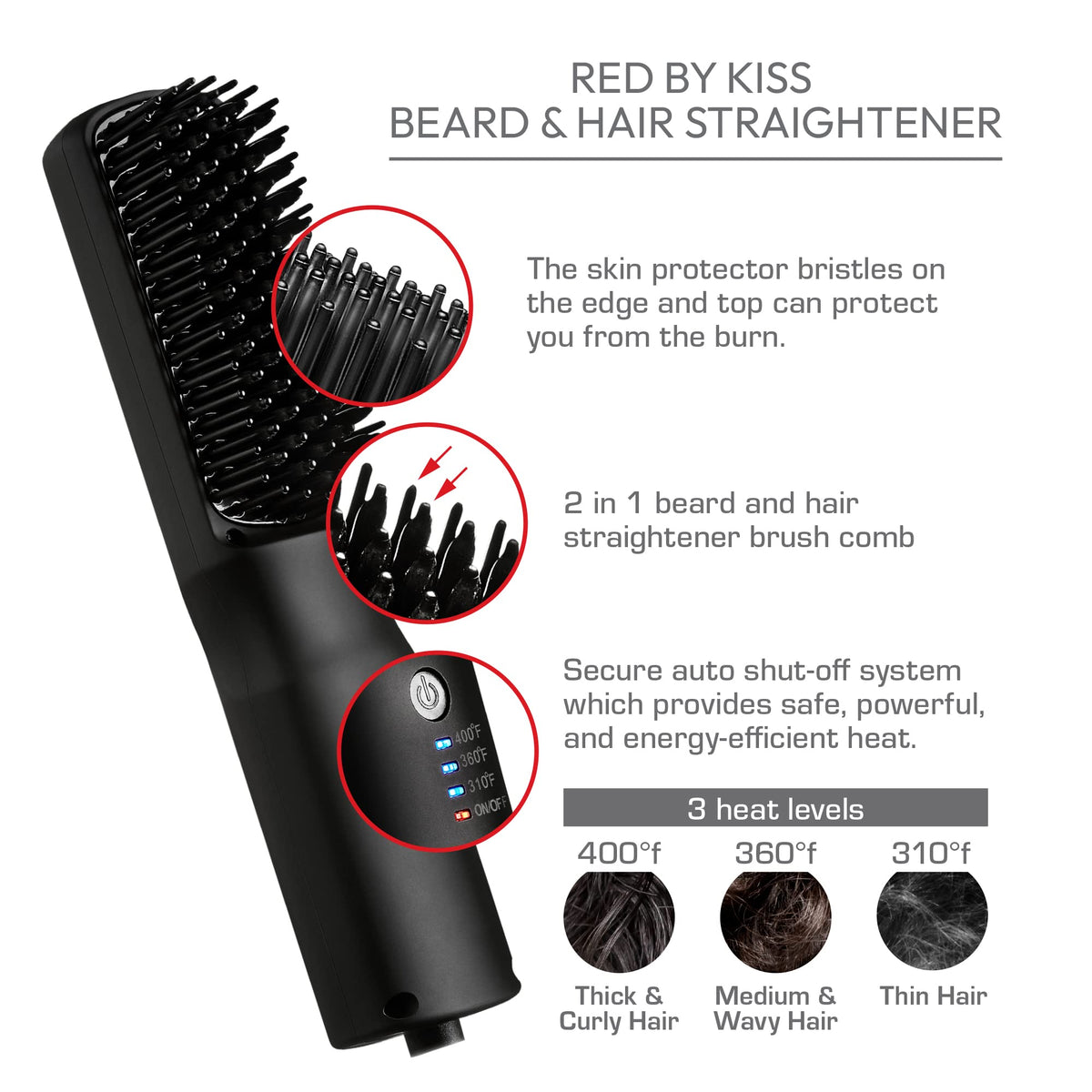 Red by Kiss 2-in-1 Ionic Hair Straightener Brush with Ceramic Coating, Adjustable Temp, Auto Shut Off, Skin Protector Bristles & 360° Swivel Cord, Smooth & Style in Few Strokes