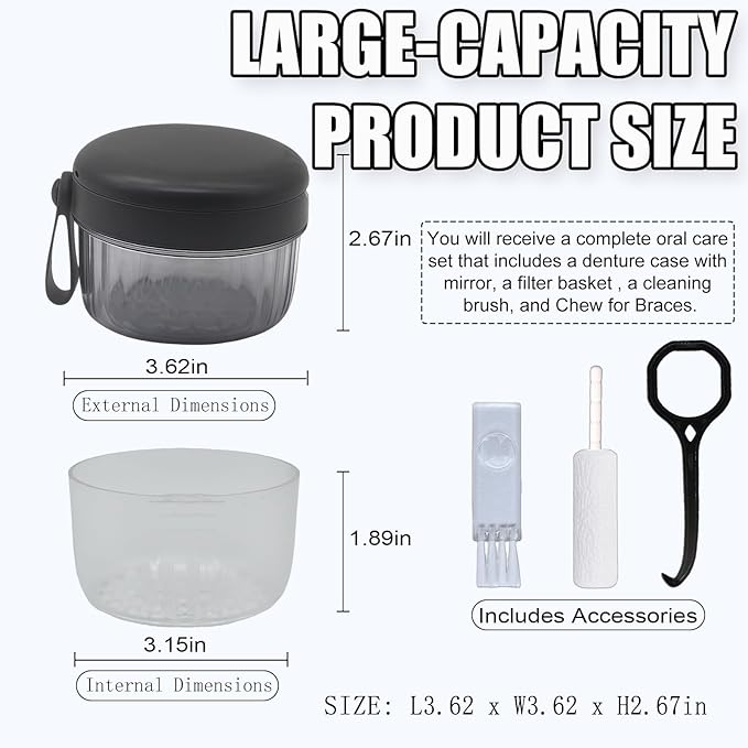 Denture Case, Leak-Proof Denture Bath Cup for Travel, Large-Capacity Denture Storage Cup, Comprehensive Cleaning Kit for Dentures, Retainers and Night Guards