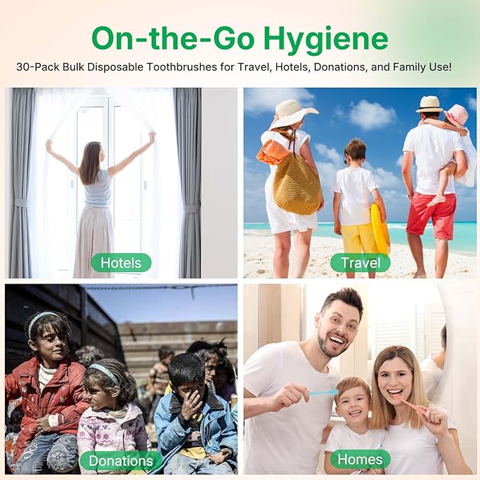 30 Pack Premium Disposable Toothbrushes Bulk – Individually Wrapped Soft Bristle Toothbrushes for Travel, Hotel Guest, Donation, Kids, Adults – Single Use, Family & Emergency Hygiene