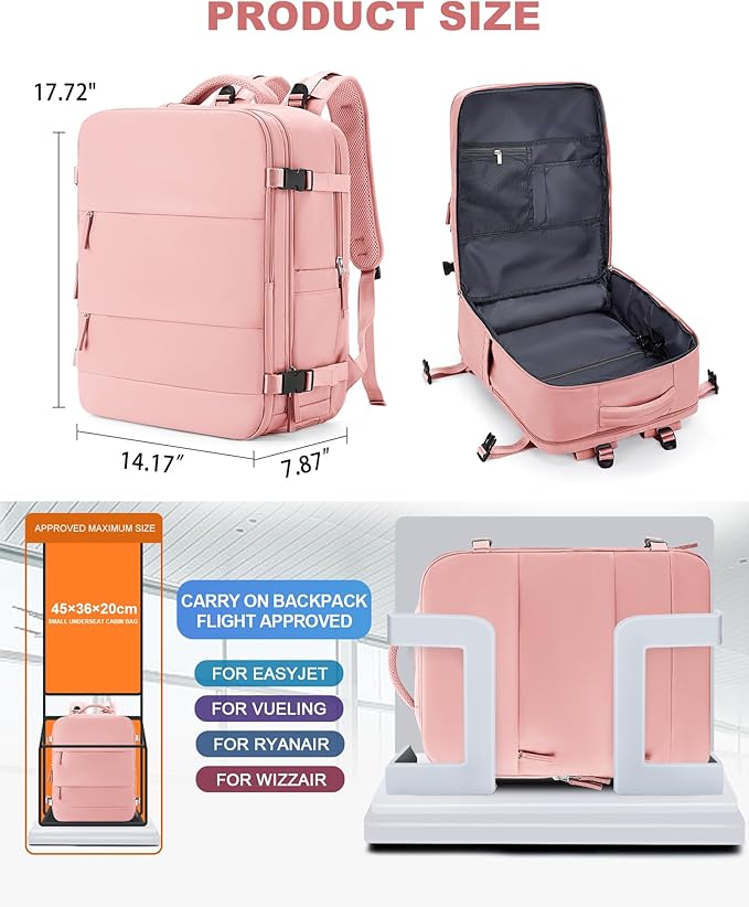 coowoz Large Travel Backpack Carry On for Women Man Gym Backpacks with Laptop Compartment Mochila de Viaje Teacher Personal Item Backpack Rucksack Airplane Accessories Must Haves Pink