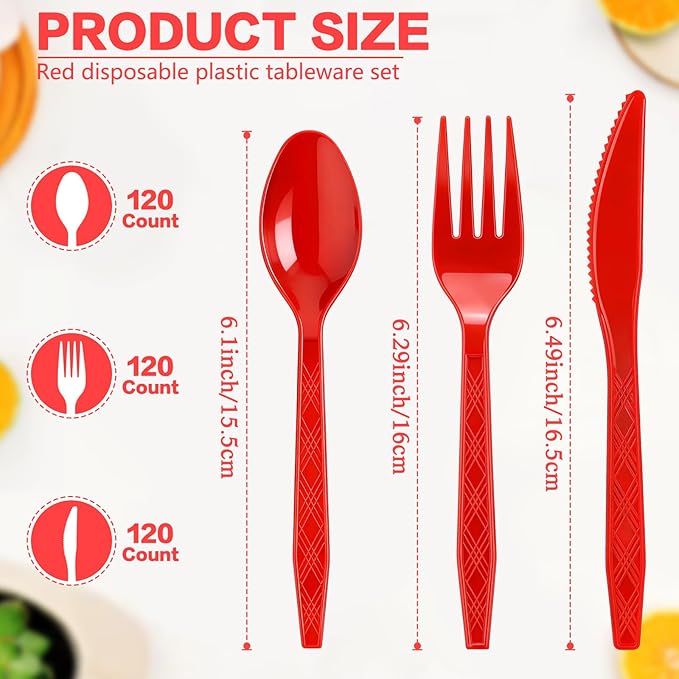 360-Pack Plastic Red Silverware Set, Disposable Cutlery Set, Plastic Forks and Spoons Knives Utensils Set (120 Each) for Christmas Party, Valentine‘s Day, Weddings, Festive Events