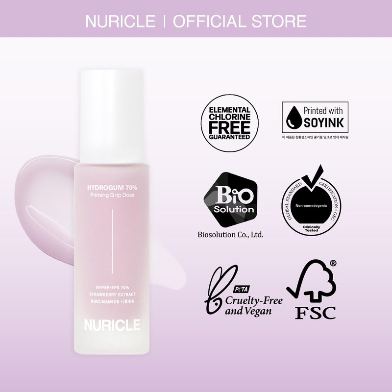 NURICLE HYDROGUM 70% Priming Grip Dose 30ml (1.014 fl.oz) - Hydrates, Smoothes & Grips Makeup for Up to 15 Hours with Hyper-EPS, Korean Face Primer with Niacinamide