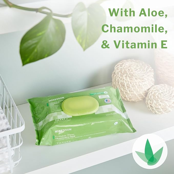 McKesson Flushable* Adult Wet Wipes – 576 Wipes (6 Pack of 96) – Aloe & Vitamin E, Plant-Based Cleansing Wipes, Unscented