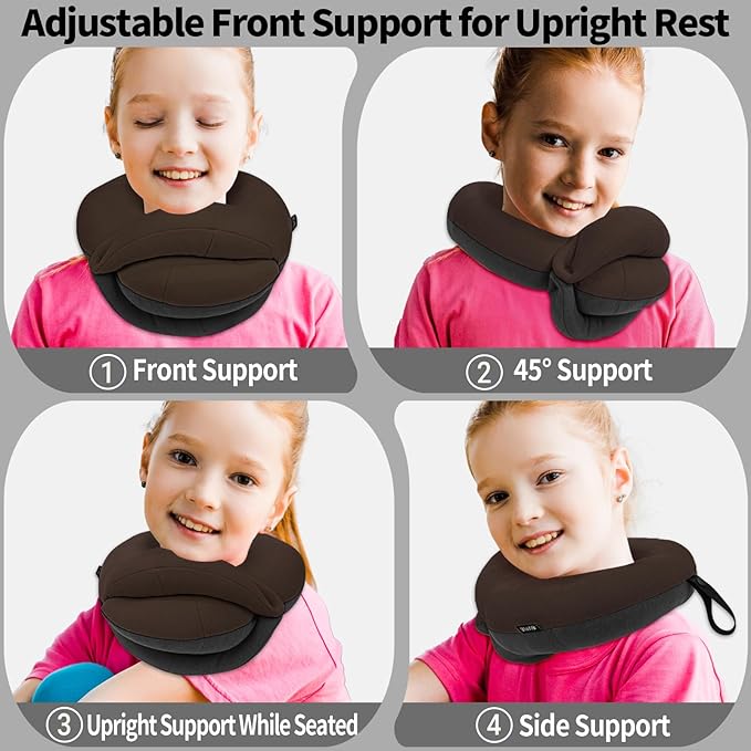 BUYUE Kids Travel Pillows for Airplane, 360° Head Support Sleeping Essentials for Boys Long Flight, Skin-Friendly Soft Neck Pillow for Traveling in Car Seat, (Small, Brown Grey, 40-90 lbs)