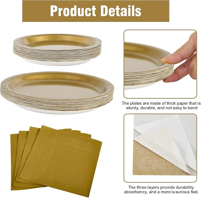 Ottin 169PCS Gold Christmas Party Supplies for 24 Guests – Disposable Paper Plates, Napkins, Cups, Forks, Knives, Spoons & Tablecloth for Birthday, Wedding, Thanksgiving, Christmas, New Year