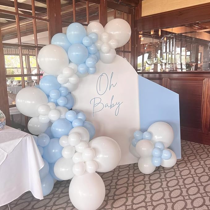 153Pcs Blue and White Balloons Garland Arch Kit with Stars - 22 18 12 10 5 inch Different Size Baby Pastel Light Blue White Confetti Balloons for Birthday Baby Shower Wedding Party Decorations