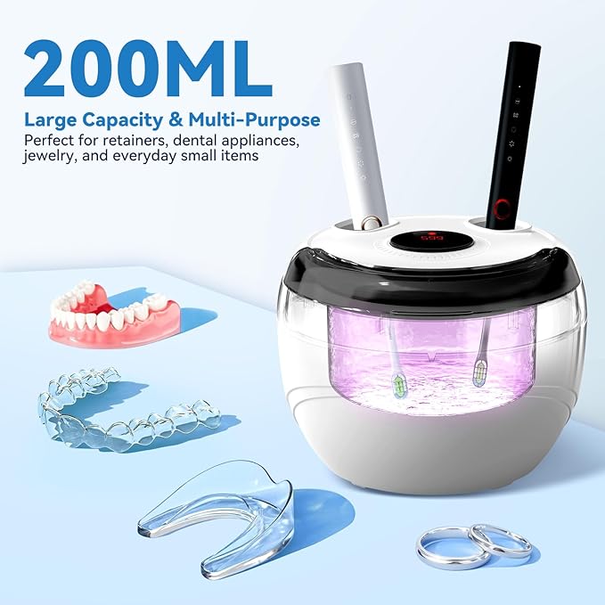 Dental Ultrasonic Retainer Cleaner Machine - 45kHz Dental Cleaning Pod, Mouth Guard, Aligner, Night Guard, Braces, Jewelry with 200ML Capacity, 4 Modes for All Denture Appliances