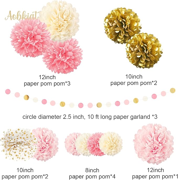 AOBKIAT Wedding Baby Shower Decorations Set,15PCS Pink Gold Tissue Paper Pom Poms,Circle Dots Colorful Paper Garland String Hanging Backdrop for Birthday Party,Gender Reveal Celebration Decor