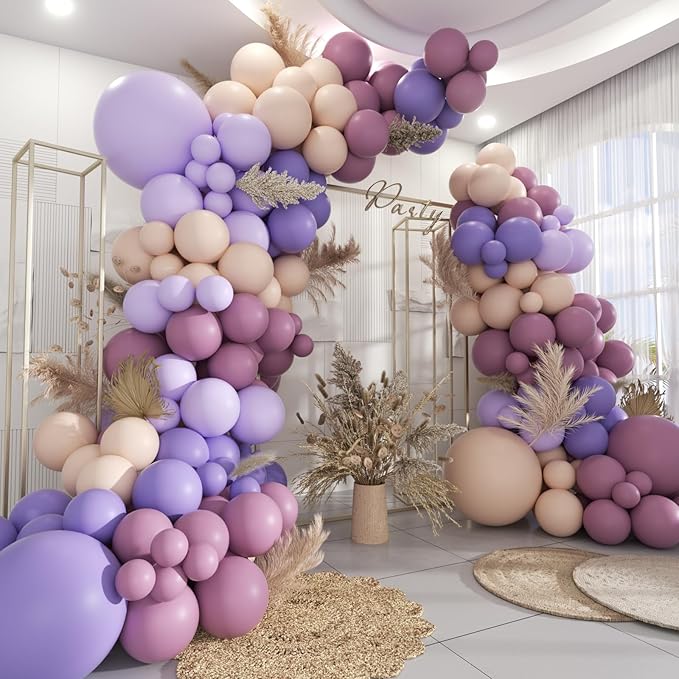 Boho Dusty Purple and Pastel Orange Balloon Garland Arch Kit, 160Pcs Purple Lavender Pastel Purple Balloons for Gender Reveal Wedding Birthday Bridal Baby Shower Bachelor Party Decorations
