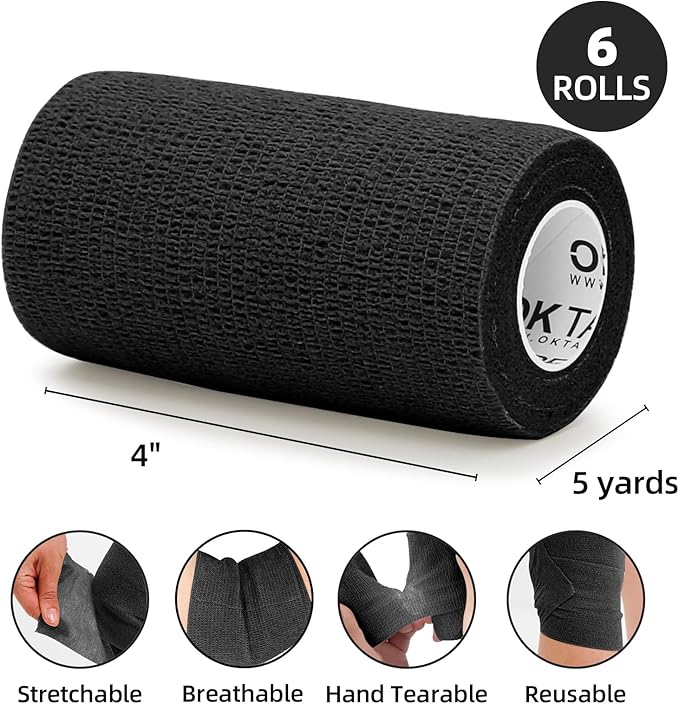 OK TAPE Self Adherent Cohesive Bandages Wrap - 6Packs, 4" x 5 Yards, Non-Woven Self Adhesive Bandage Wrap for Thumb, Finger, Wrist, Ankle, Vet Wrap Bandages Tape (Black)