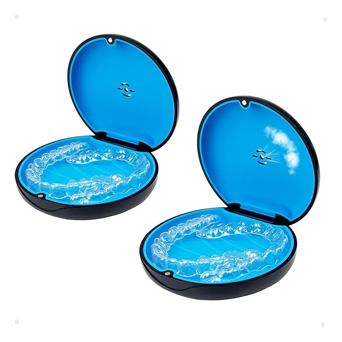 2 Pack Retainer Case,Aligner Case with Vent Holes, Compatible with Invisalign, Mouth Guard Cases，Portable Slim Travel Cute Orthodontic Retainer Cases (Black Blue)