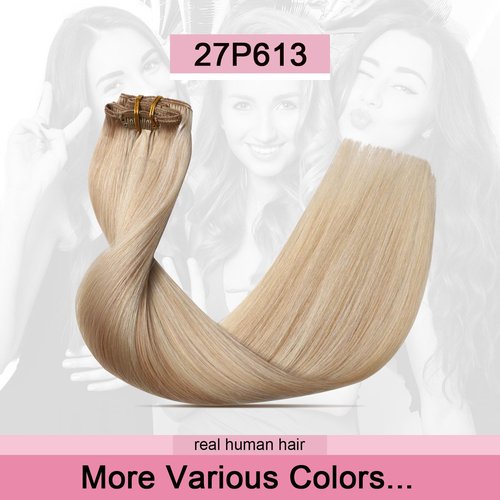 Sweetmet Air2.0 Clip in Hair Extensions Real Human Hair 20inch 4pcs #27p60 Caramel Blonde Mixed Platinum Blonde Remy Real Human Hair Extensions Clip ins 60g Thick Seamless Double Weft（#27p60-20inch）