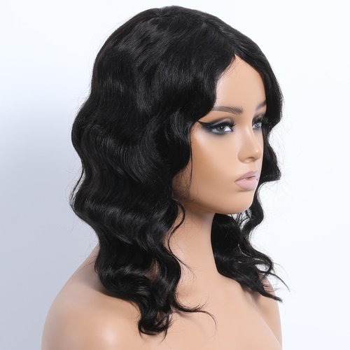 OnePart glueless human hair wig 16 inch loose deep wave body wave ocean wave wavy wigs for black women side part natural black