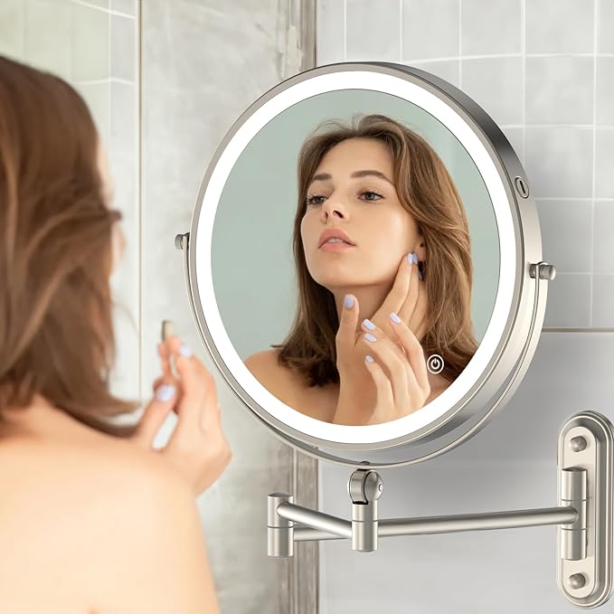 9" Wall Mounted Makeup Lighted Mirror, 4000mAh Rechargeable Double Sided LED Vanity Mirror with Height Adjustable&1X/10X Magnification, 3 Color Lights Bathroom Mirror (9INCH-Nickel)