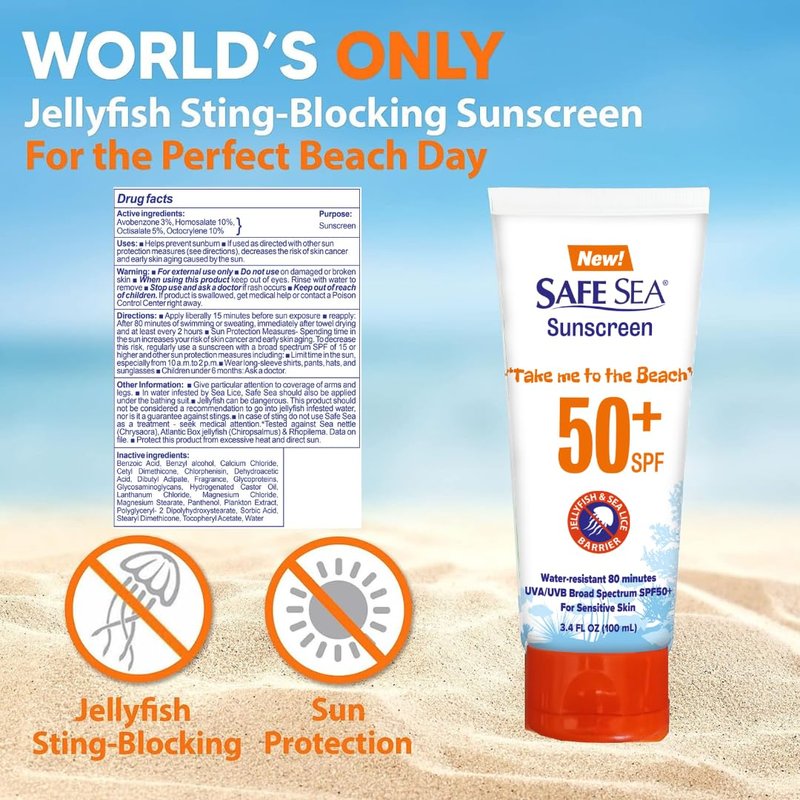 SAFE SEA Anti-Jellyfish Sting Protective Lotion - Sunscreen - Sunblock - Sea Lice - Jelly Fish - 50SPF Adults (Tube 3.4 oz 2 pack)