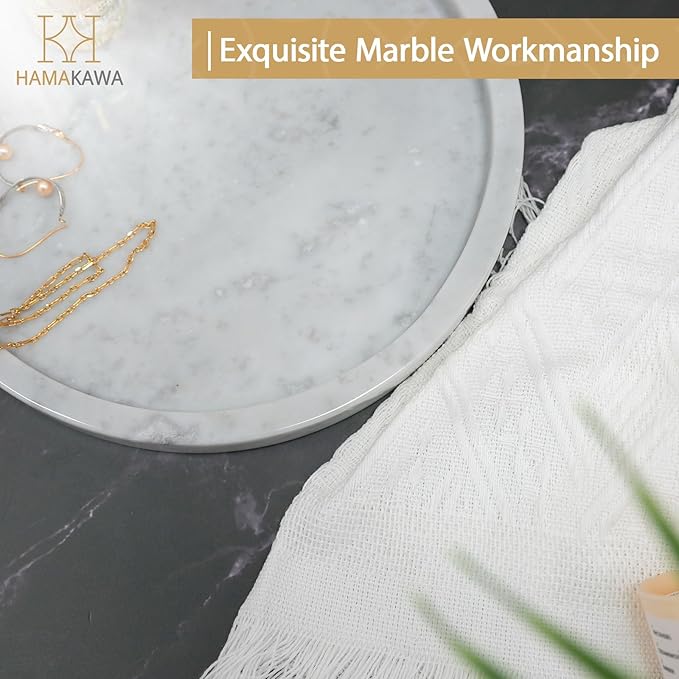 Natural Marble Bathroom Vanity Tray, Large Round Sink Tray 9.5 inch, Carrara White Limestone Dresser Tray, Modern Countertop Organizer for Soap Dispenser, Kitchen Counter, Home Decor