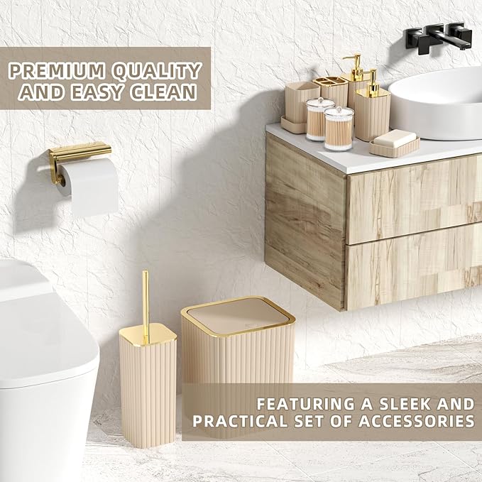 Bathroom Accessories Set - Gorgeous Bathroom Set, 10PC Beige Bathroom Accessory Set, Toilet Brush, Trash Can & Soap Dispenser