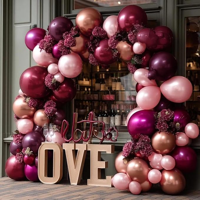 Burgundy Pink Balloon Arch Double Stuffed Dark Ruby Red Pink Plum Gold Balloon Garland Kit Maroon Balloons for Wedding Bridal Shower Birthday Mother's Day Engagement Anniversary Party Decor