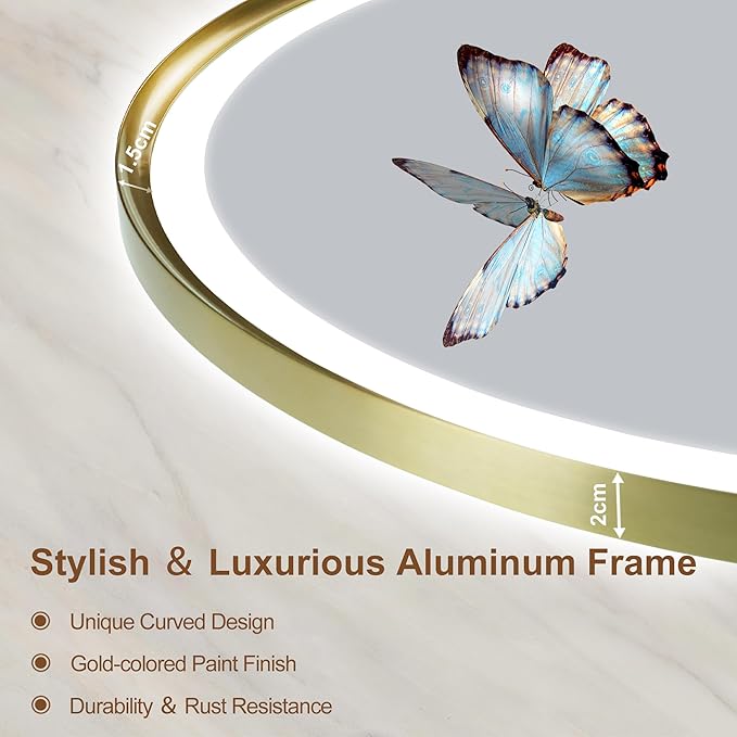 S'bagno 32" Round Gold LED Mirror for Bathroom With Frontlit & Backlit, Metal Frame, Anti-Fog, Stepless Dimmable, 3 Colors Temperature Vanity Mirror