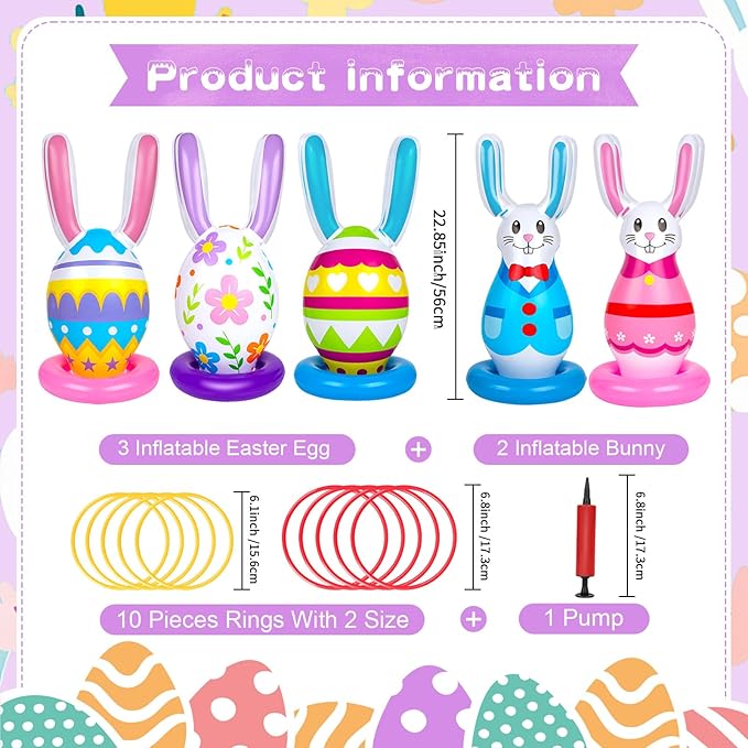 5 Pack Easter Inflatable Games for Kids,Inflatable Bunny Eggs Ring Toss Games,Easter Party Indoor Outdoor for Family