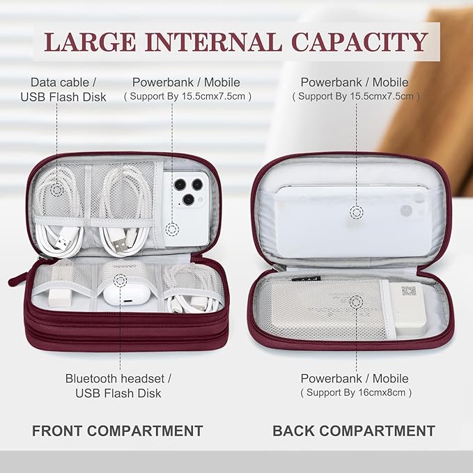 FYY Electronic Organizer, Travel Cable Organizer Bag Pouch Electronic Accessories Carry Case Portable Waterproof Double Layers All-in-One Storage Bag for Cable, Cord, Charger, Phone, Earphone Wine Red